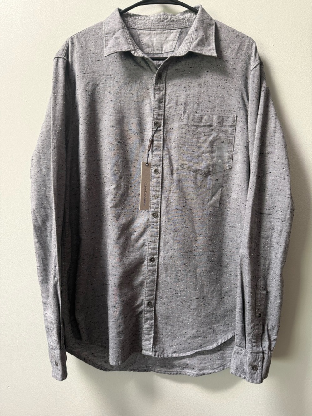 Calvin Klein Medium Gray Textured Nep speckled cotton button down long sleeve